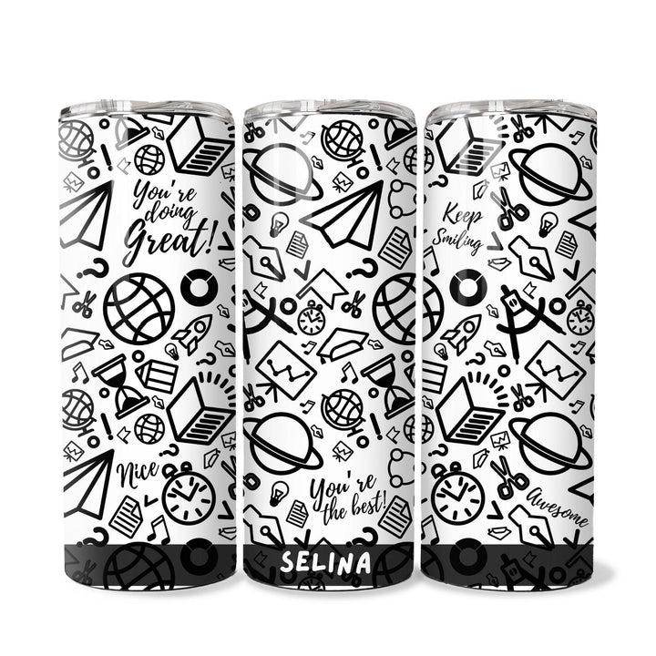 Personalised Skinny Tumbler 600ml | Doodle | Thermal Stainless Steel Water Bottle | Christmas Gifts | Customised Gift | Birthday