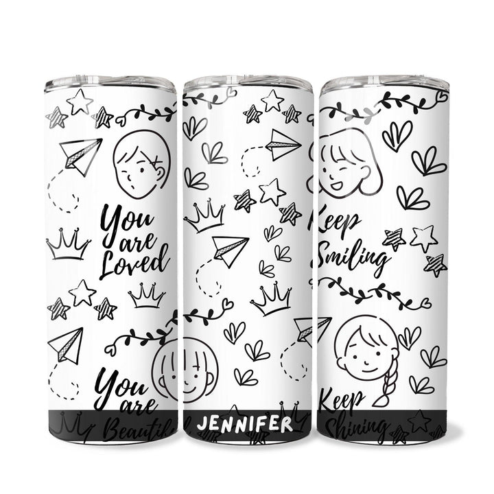 Personalised Skinny Tumbler 600ml | Doodle | Thermal Stainless Steel Water Bottle | Christmas Gifts | Customised Gift | Birthday