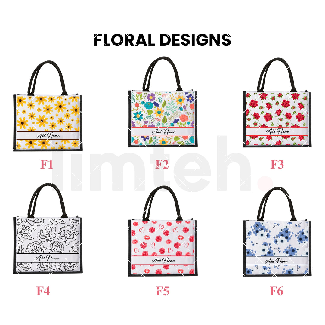 Personalised Floral Jute Bag | Custom Tote Bag | Customizable Jute Drawstring Bag | Top-handle Bag for Gifts| LIMTEH