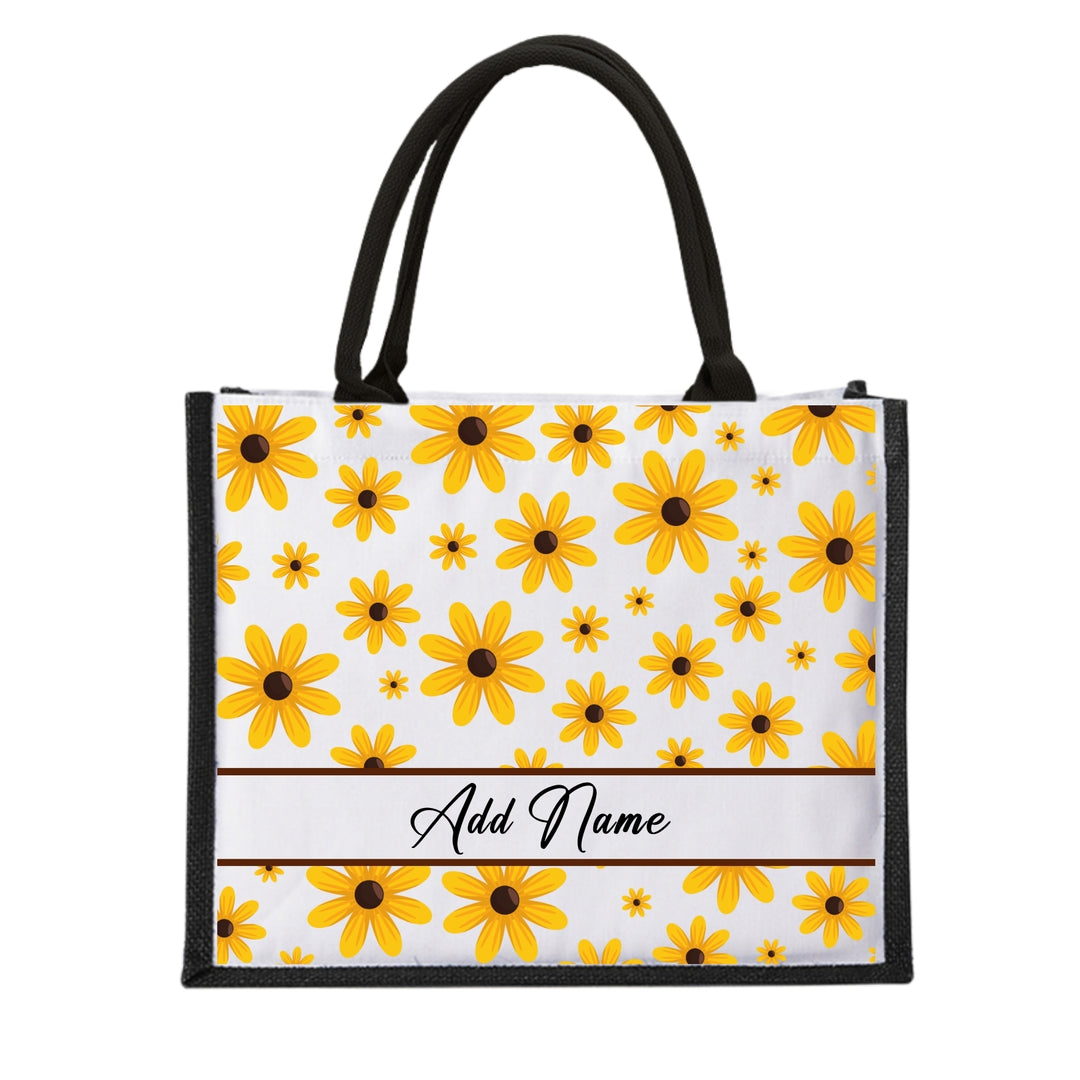 Personalised Floral Jute Bag | Custom Tote Bag | Customizable Jute Drawstring Bag | Top-handle Bag for Gifts| LIMTEH