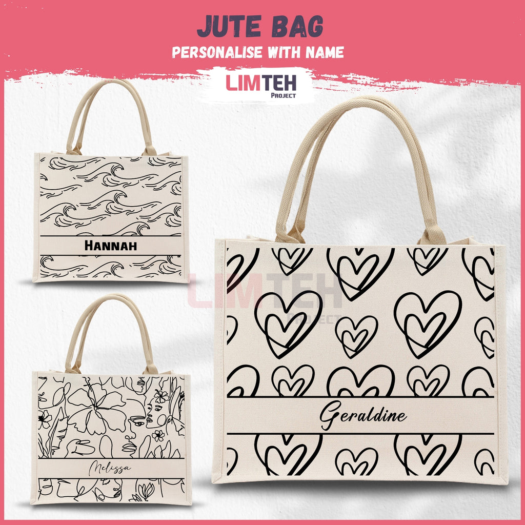 Personalised Silhouette Designs Jute Bag | Custom Tote Bag | Customizable Jute Drawstring Bag | Top-handle Bag for Gifts | LIMTEH