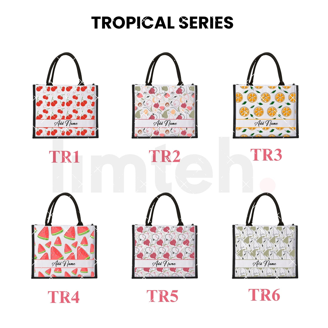 Personalised Tropical Jute Bag | Custom Tote Bag | Customizable Jute Drawstring Bag | Top-handle Bag for Gifts | LIMTEH