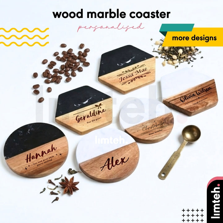Personalised Marble Wood Coaster with Name| Customised Gift | Door Gift | Farewell Gift | Xmas Gift