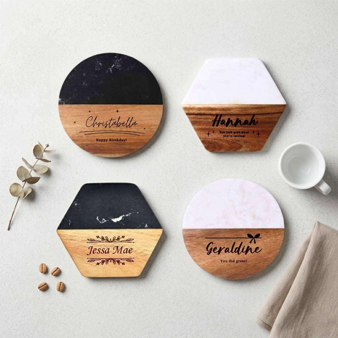 Personalised Marble Wood Coaster with Name| Customised Gift | Door Gift | Farewell Gift | Xmas Gift