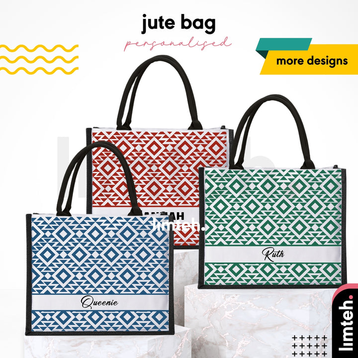 Personalised Geometric Jute Bag | Custom Tote Bag | Customizable Jute Drawstring Bag | Top-handle Bag for Gifts | LIMTEH