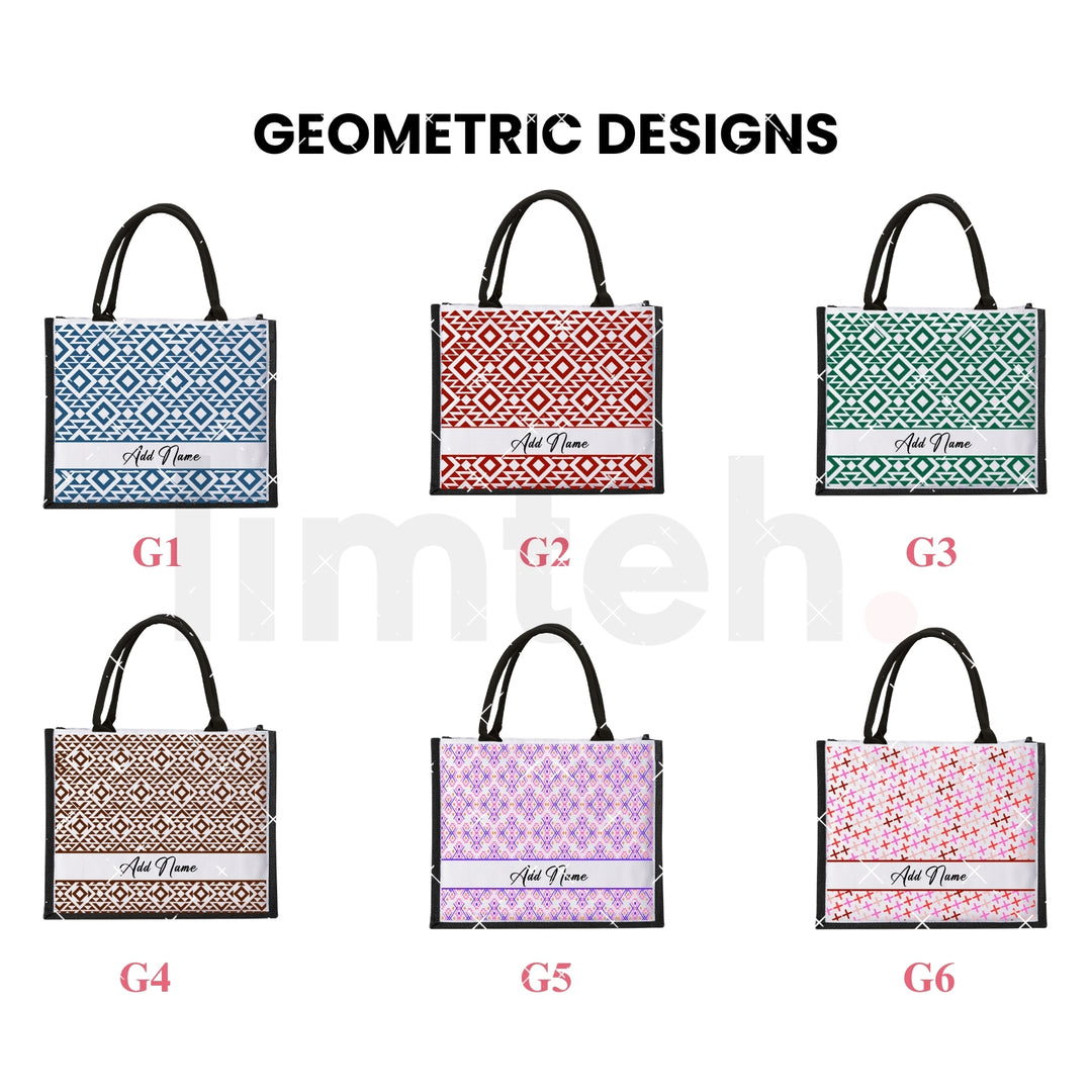 Personalised Geometric Jute Bag | Custom Tote Bag | Customizable Jute Drawstring Bag | Top-handle Bag for Gifts | LIMTEH