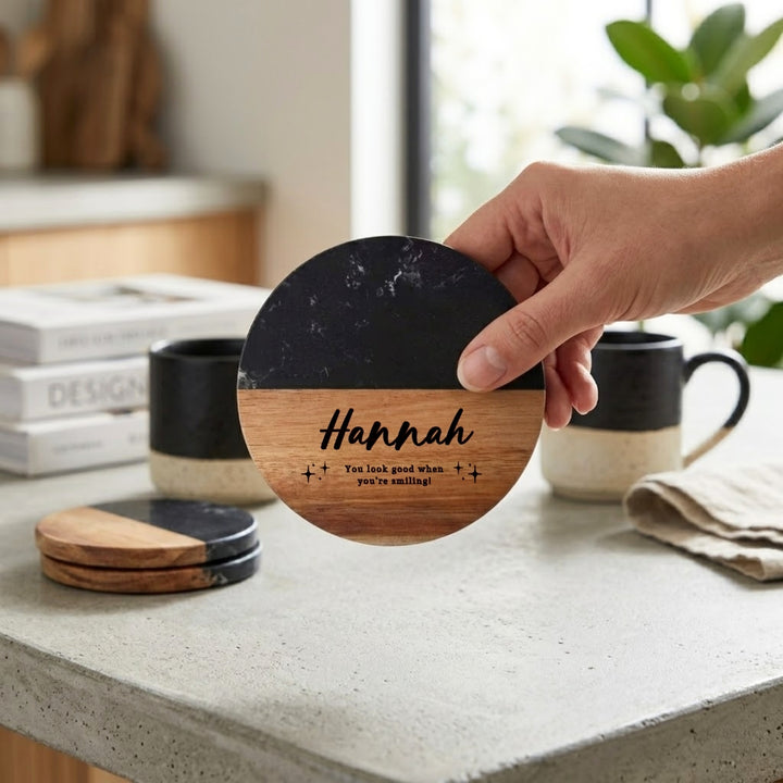 Personalised Marble Wood Coaster with Name| Customised Gift | Door Gift | Farewell Gift | Xmas Gift