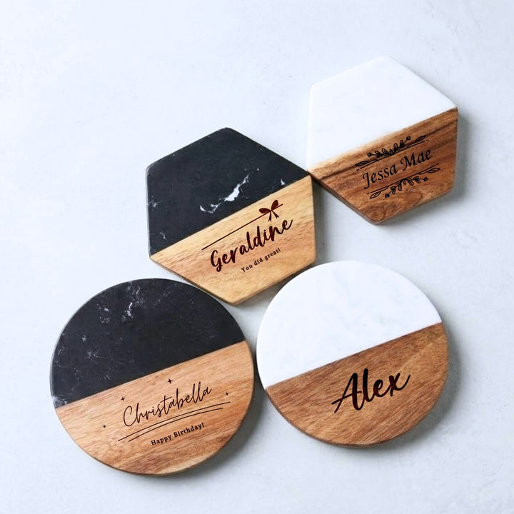 Personalised Marble Wood Coaster with Name| Customised Gift | Door Gift | Farewell Gift | Xmas Gift