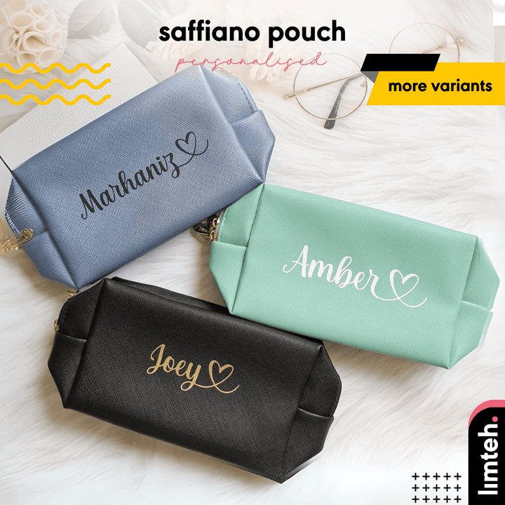 Personalised Macaron Saffiano Leather Pouch | Makeup Bag with Name and inital