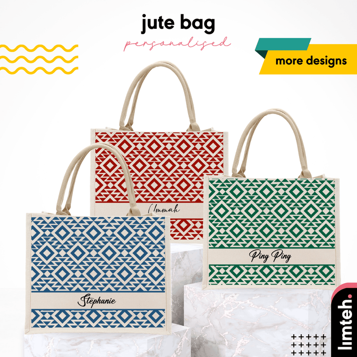 Personalised Geometric Jute Bag | Custom Tote Bag | Customizable Jute Drawstring Bag | Top-handle Bag for Gifts | LIMTEH