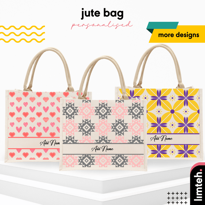 Personalised Pattern Jute Bag | Custom Tote Bag | Customizable Jute Drawstring Bag | Top-handle Bag for Gifts | LIMTEH