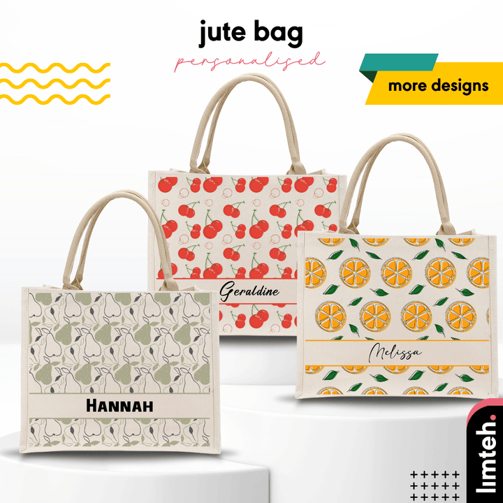 Personalised Tropical Jute Bag | Custom Tote Bag | Customizable Jute Drawstring Bag | Top-handle Bag for Gifts | LIMTEH