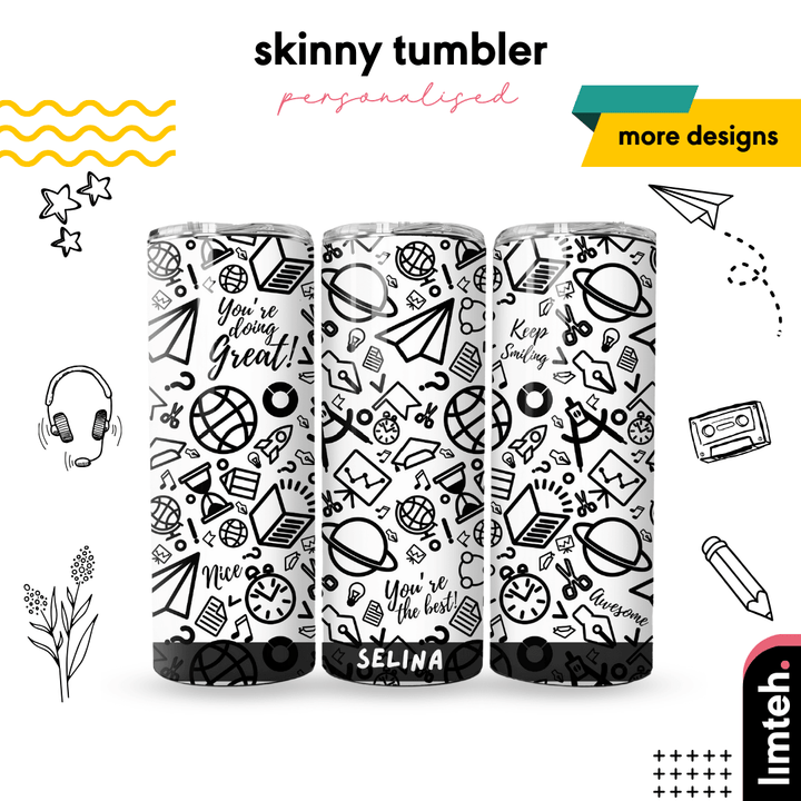 Personalised Skinny Tumbler 600ml | Doodle | Thermal Stainless Steel Water Bottle | Christmas Gifts | Customised Gift | Birthday