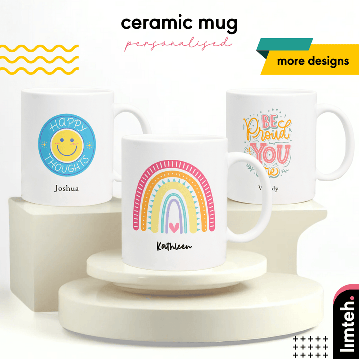 Customised Gift Ceramic Mug 325ML | Boho Rainbow | Motivational Quotes | Water Glass Cup | Personalized Gift | Farewell Gifts