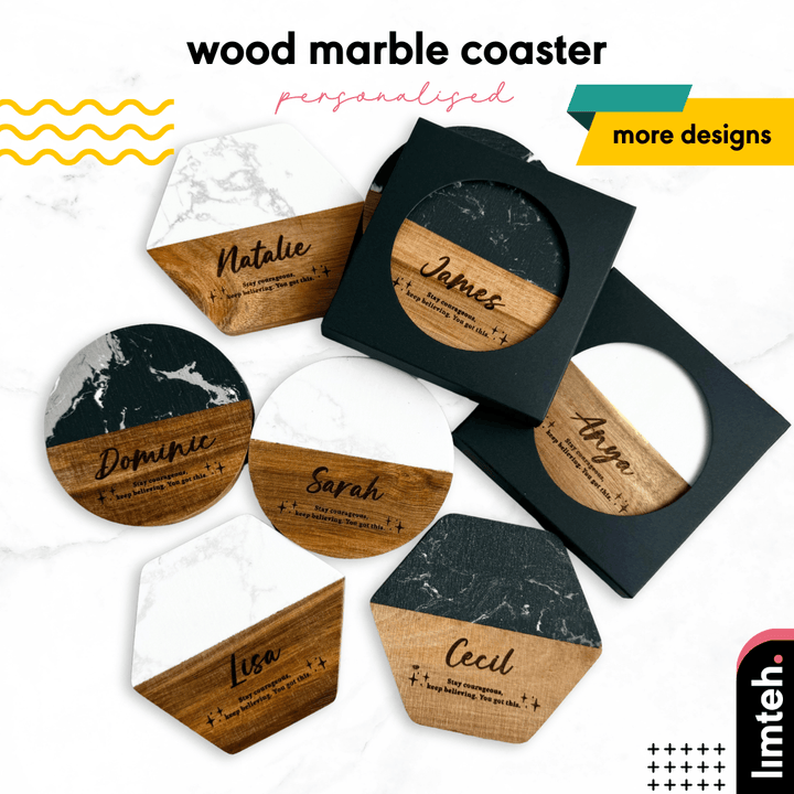 Personalised Marble Wood Coaster with Name| Customised Gift | Door Gift | Farewell Gift | Xmas Gift