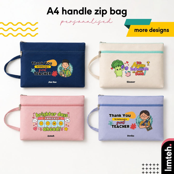Personalised Canvas Handle Zip Bag | A4 Document Organizer | Durable Handheld File Pouch | Farewell Office Gift | LIMTEH
