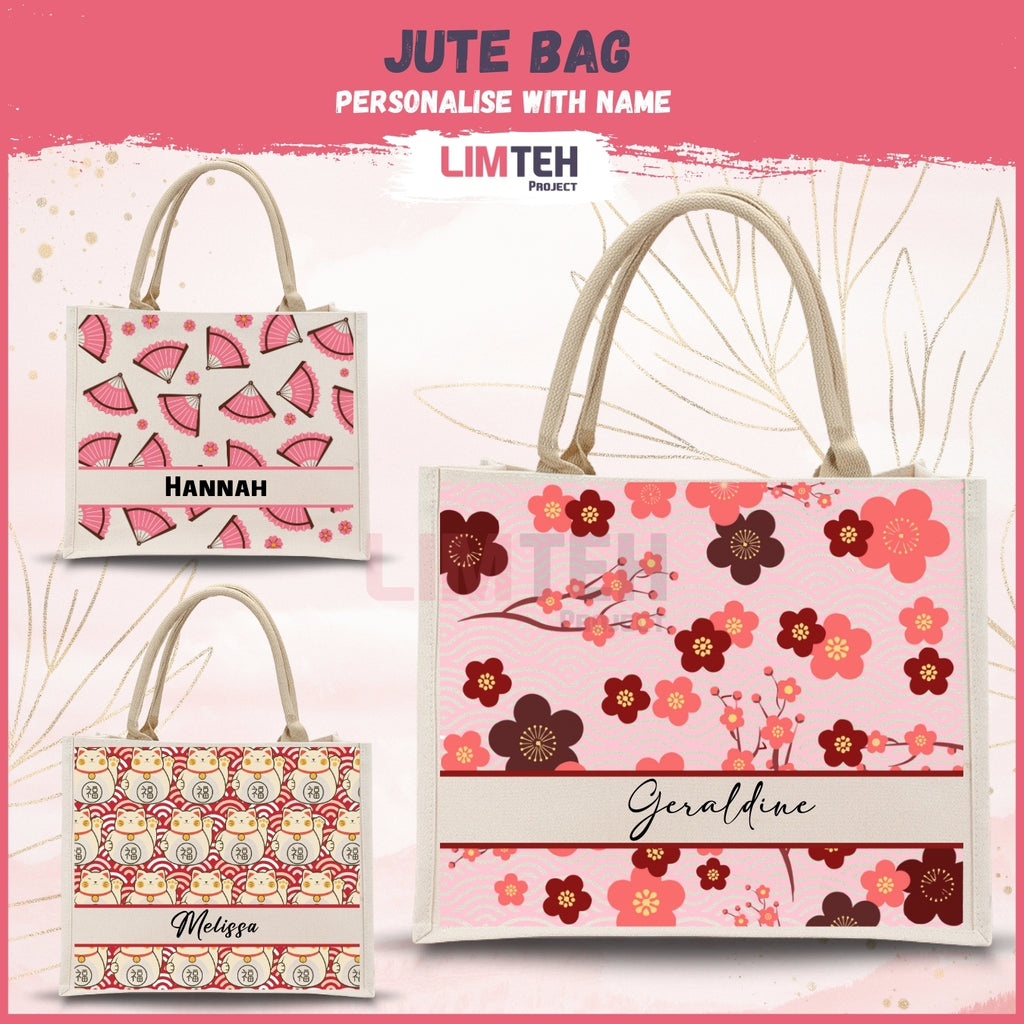 Personalised Chinese Cultural Jute Bag | Custom Tote Bag |Customizable Jute Drawstring Bag| Top-handle Bag for Gifts | LIMTEH