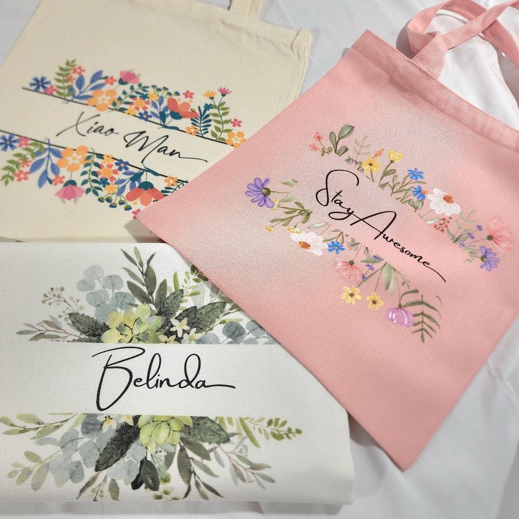 Personalised Floral Tote Bag with name/initial | Shopping Bag | Canvas Bag | Birthday Gift | Farewell | Christmas Gift