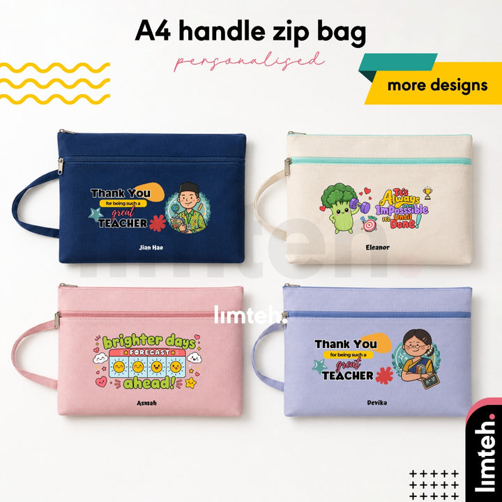 Personalised Canvas Handle Zip Bag | A4 Document Organizer | Durable Handheld File Pouch | Farewell Office Gift | LIMTEH