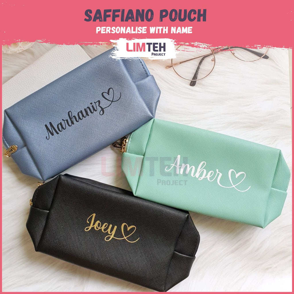 Personalised Macaron Saffiano Leather Pouch | Makeup Bag with Name and inital