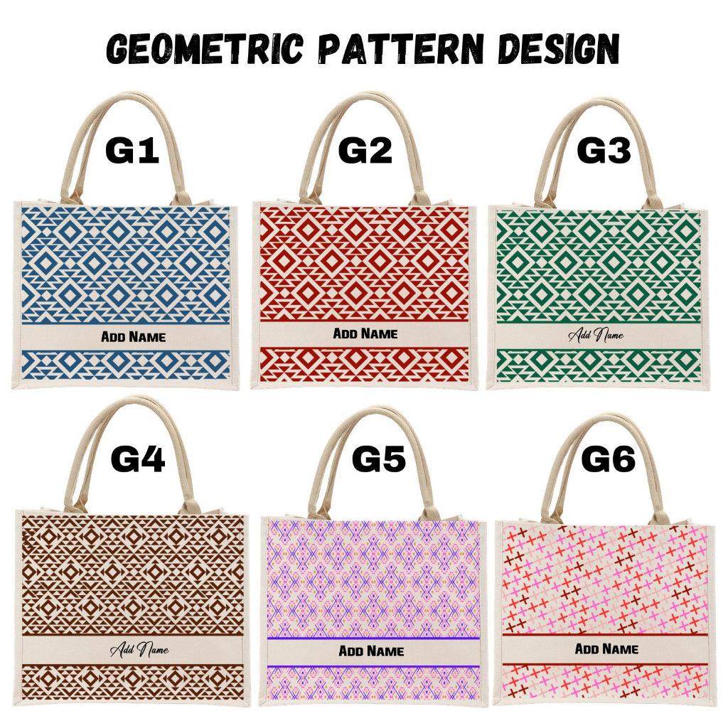 Personalised Geometric Jute Bag | Custom Tote Bag | Customizable Jute Drawstring Bag | Top-handle Bag for Gifts | LIMTEH