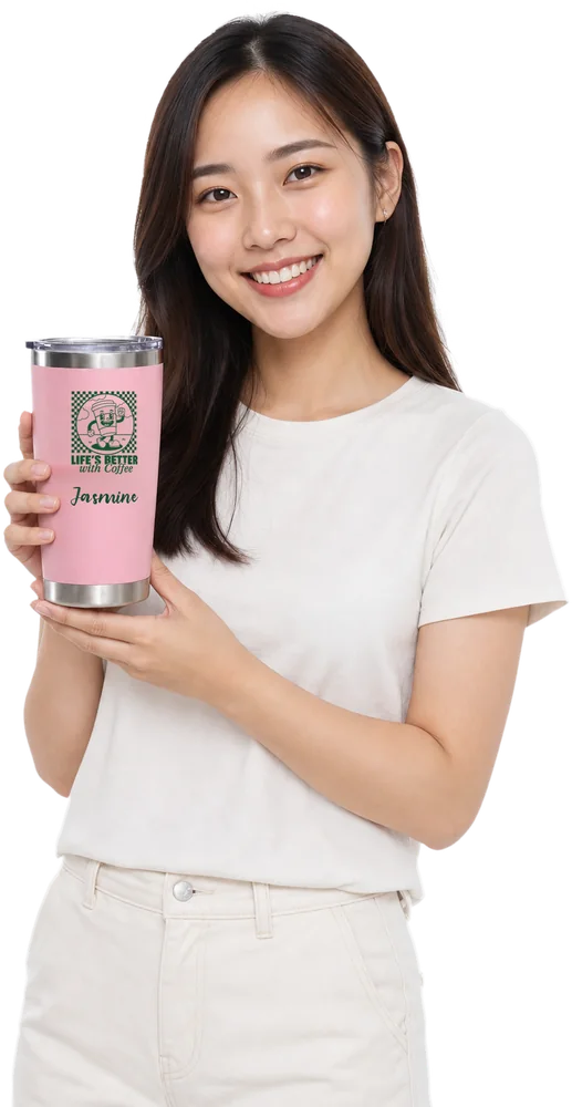 Woman holding a Sakura Pink Magnum tumbler printed with the Life's Better With Coffee graphic and the name Jasmine