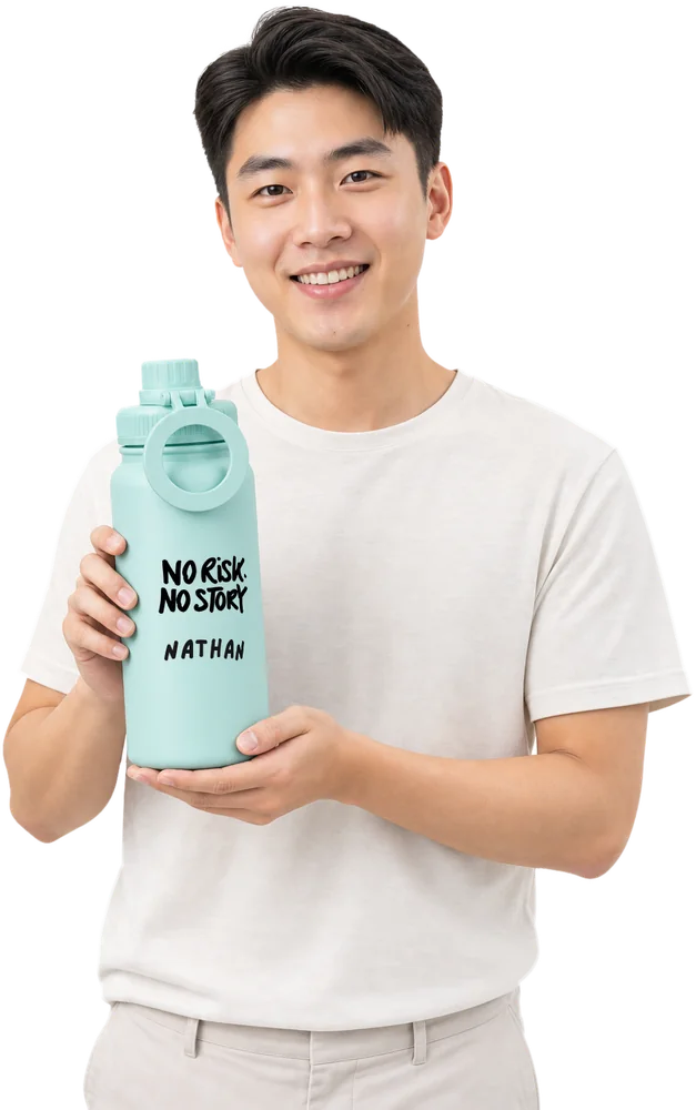 Man holding a Mint Green 1000ml sport tumbler printed with the No Risk No Story graphic and the name Nathan