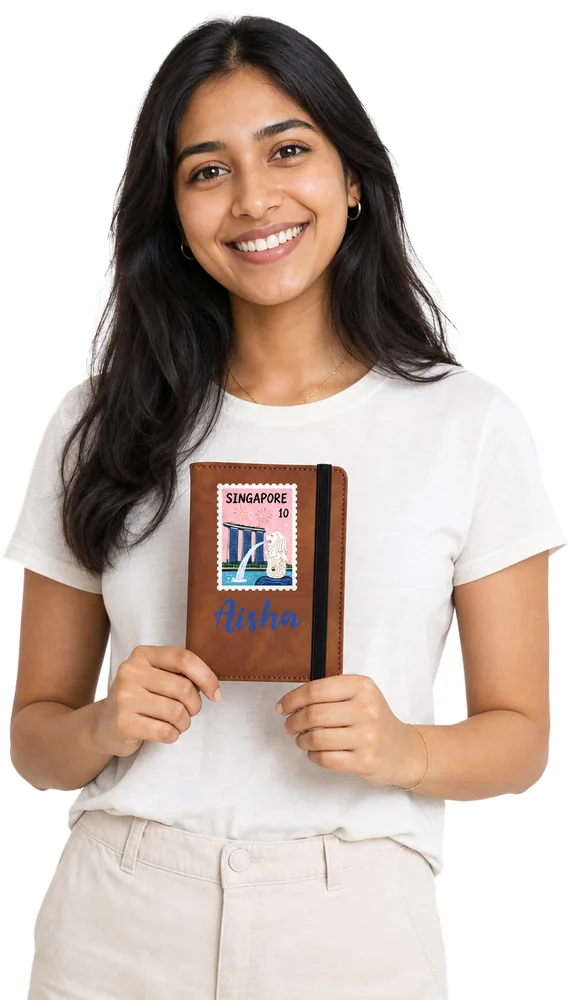 Woman holding a Tawny Brown leather passport holder printed with the Singapore country stamp graphic and the name Aisha