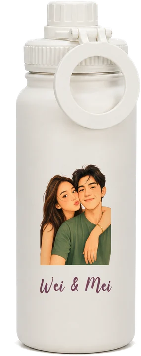 Pearl White 1000ml sport tumbler printed with an AI illustration of a couple made from their photo, and the names Wei and Mei