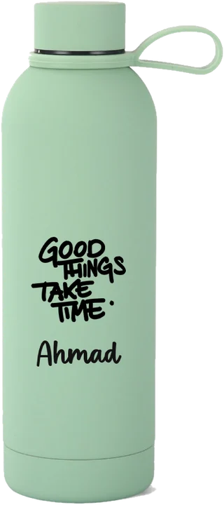 Basil Green Mizu tumbler printed with the Good Things Take Time graphic and the name Ahmad