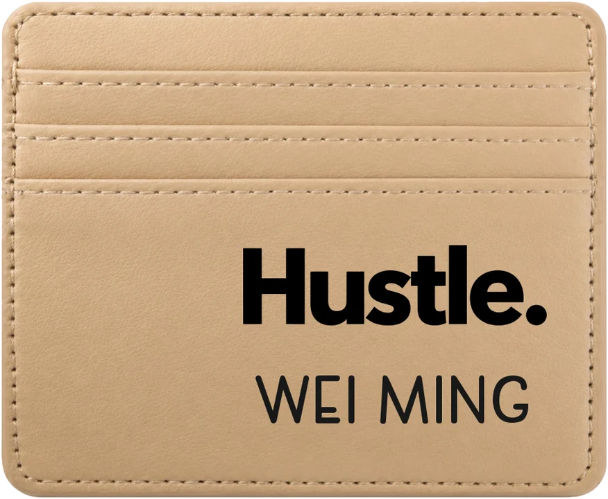 Khaki card holder printed with the Hustle graphic and the name Wei Ming